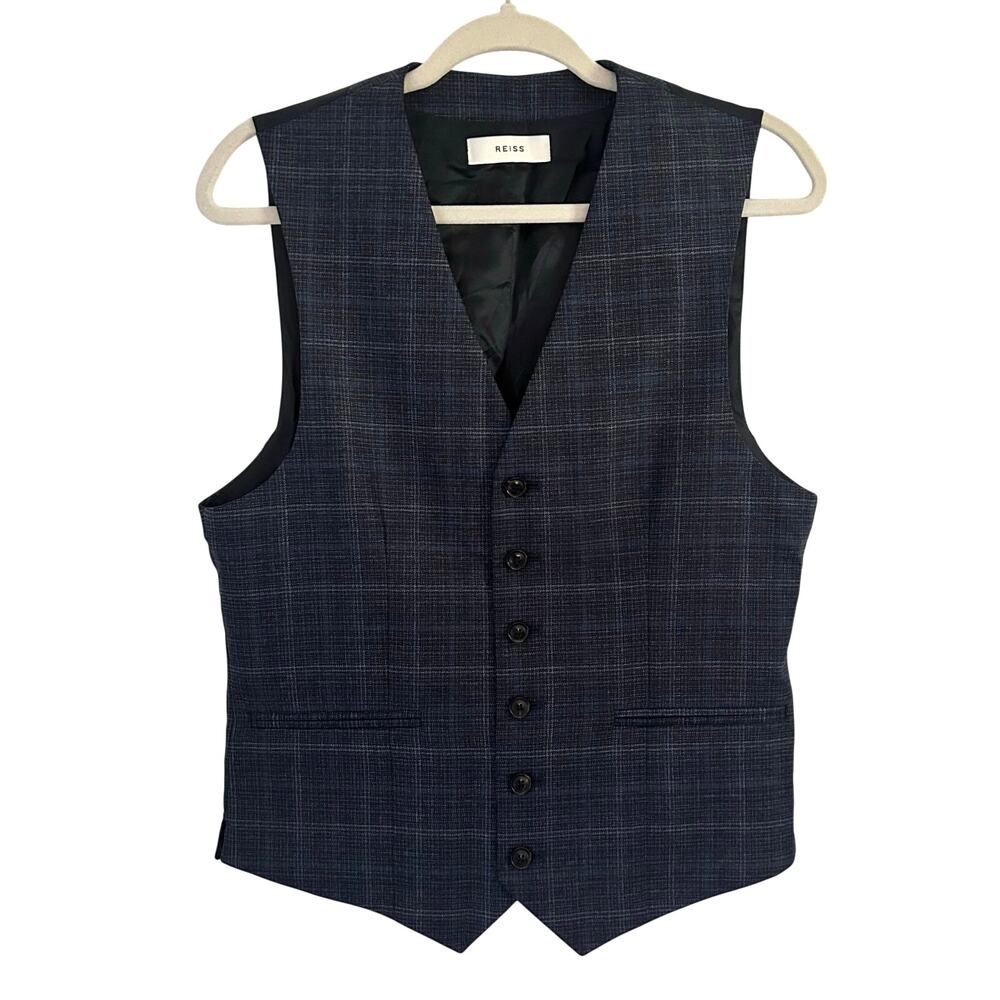 REISS Men's Monroe Modern Fit Check Vest Button Front Navy Blue 36